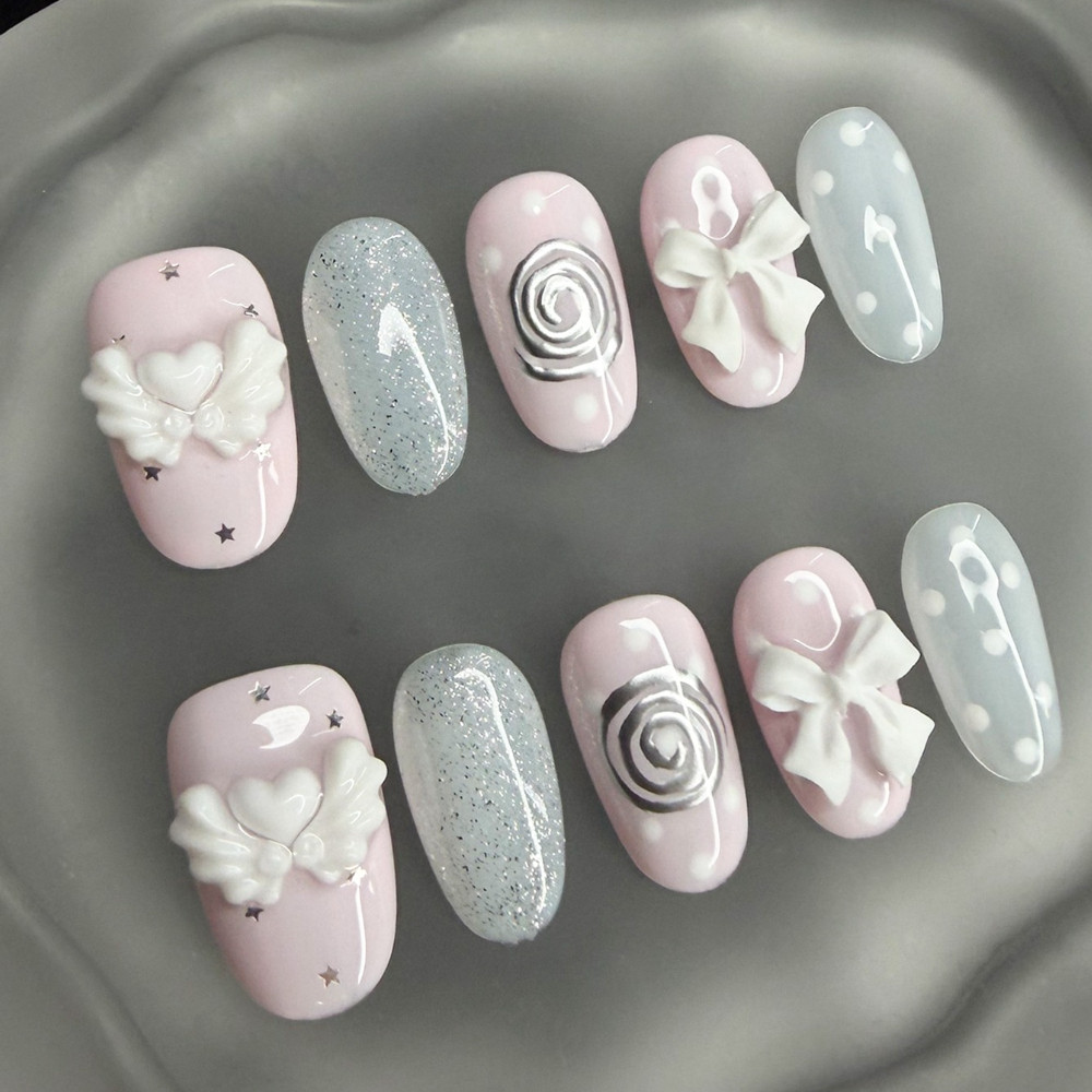 Nail Art Pink - Faux ongles coréens vintage Wishcore courts