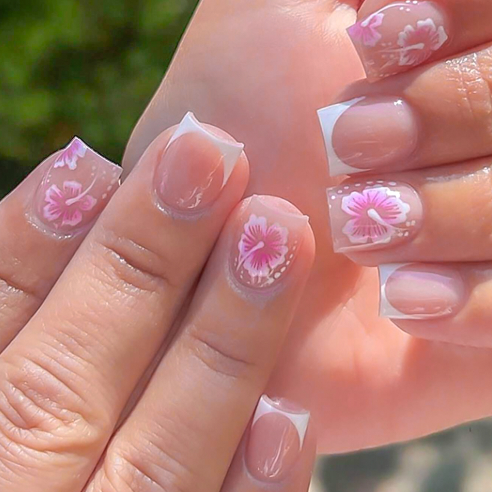 Nail Art Press On - Faux ongles à fleurs françaises, 24